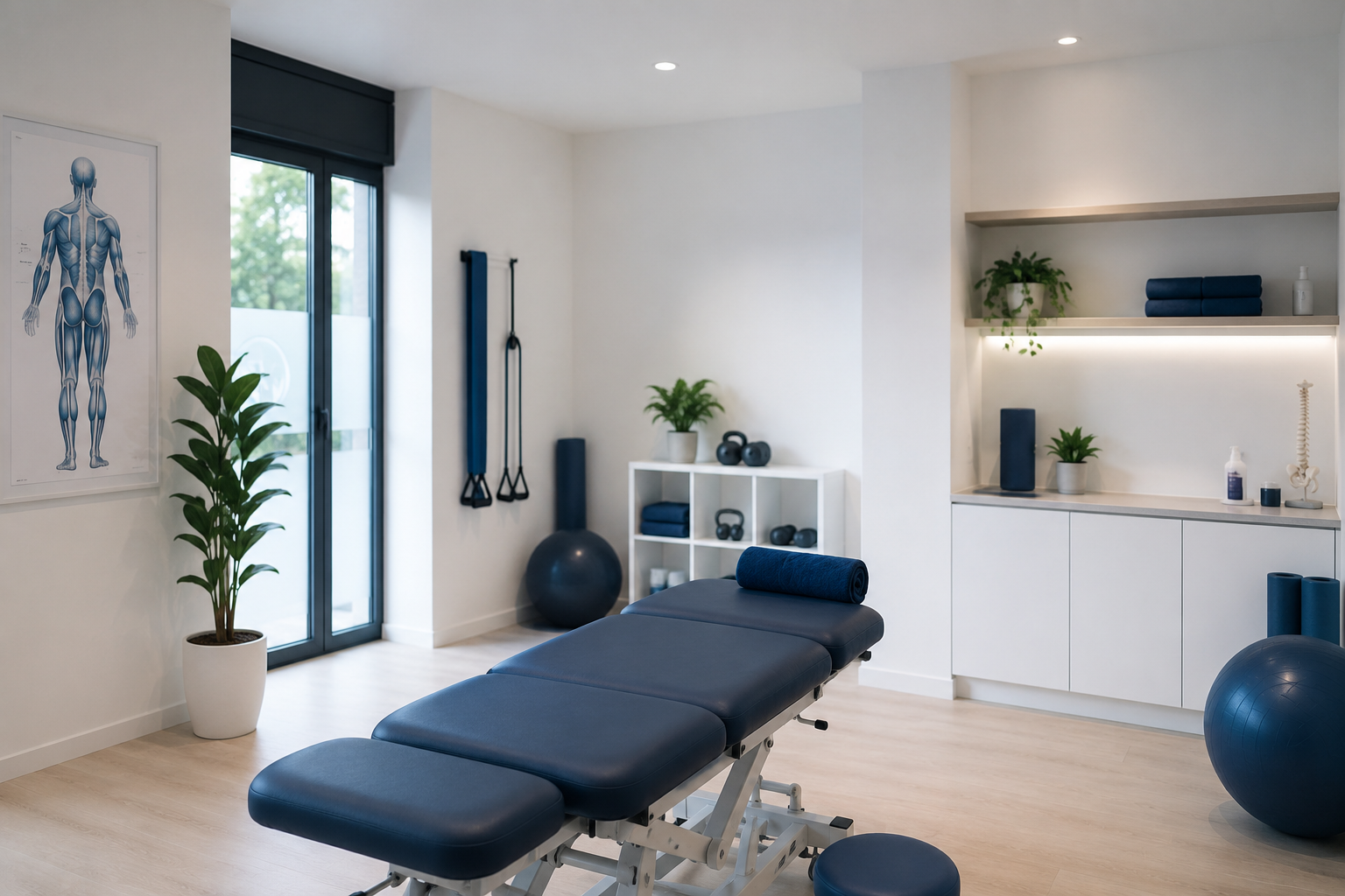 Test Physio treatment room with a plinth, natural light and clinic equipment